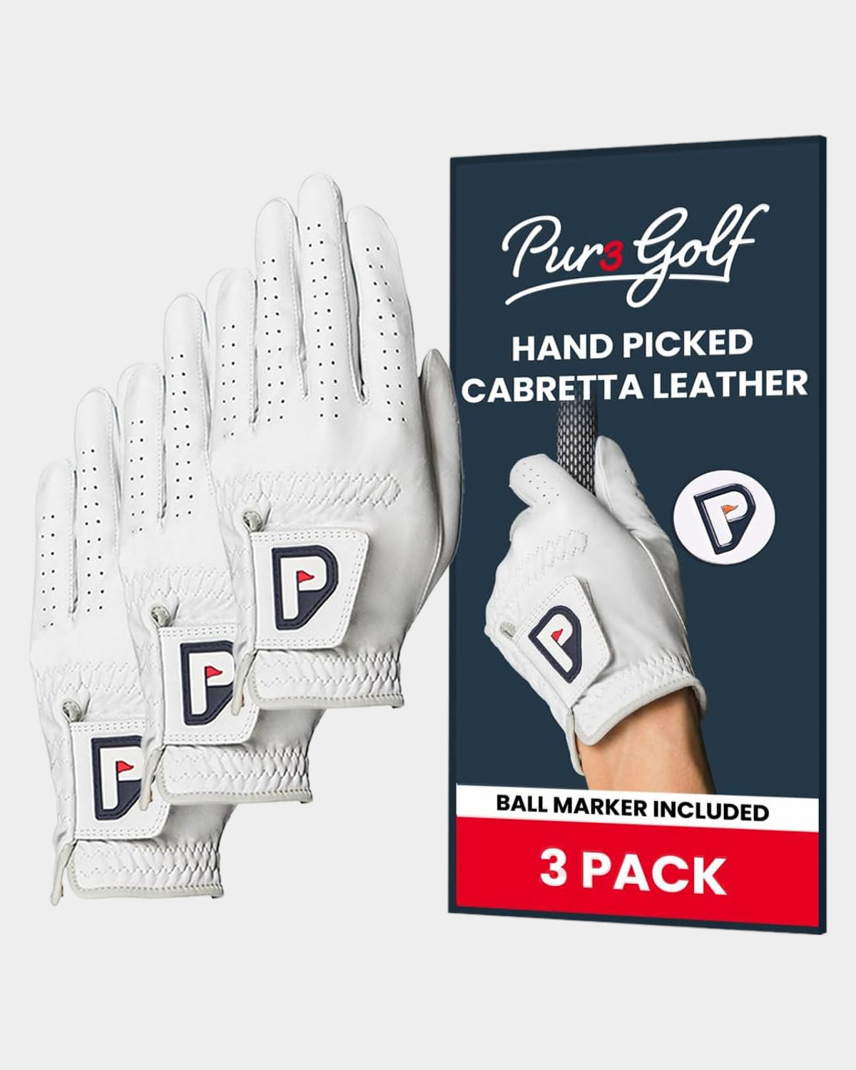 PUR3 Classic Cabretta Golf Gloves 3 Pack - Pearl White | PUR3 Golf