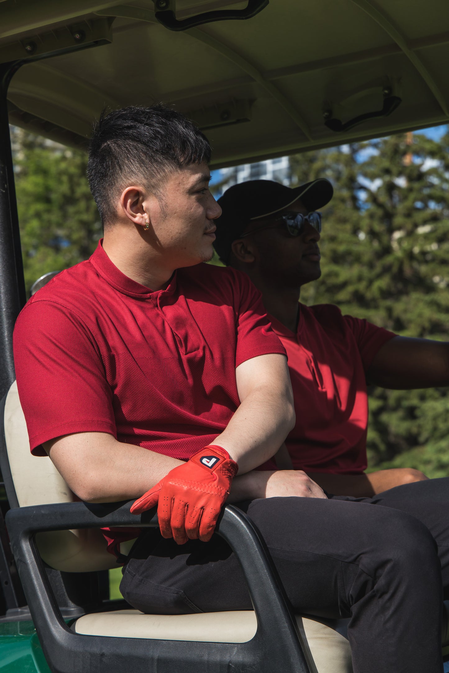 coral-red-Cabretta-Leather-Gloves-while-riding-cart