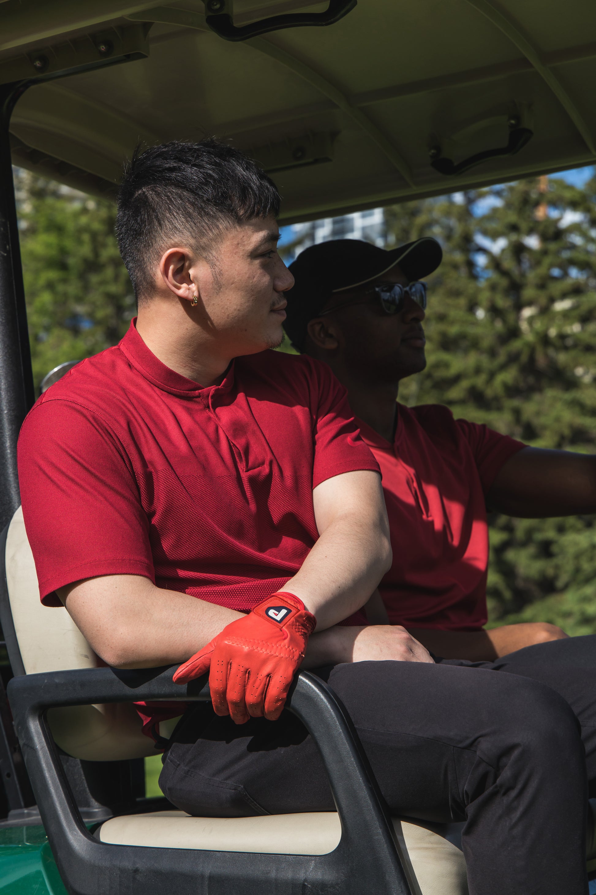coral-red-Cabretta-Leather-Gloves-while-riding-cart
