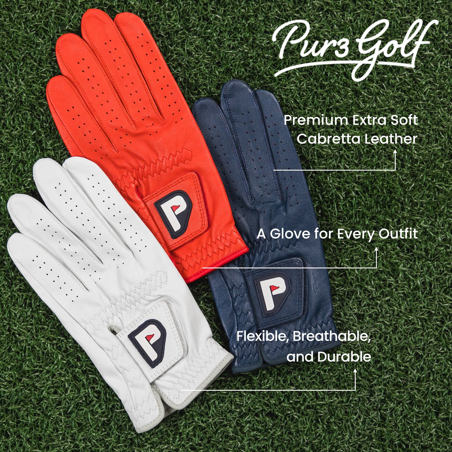 Gloves - 3-Pack, Men's Golf Gloves (Coral Red, Navy Blue and Pearl White)