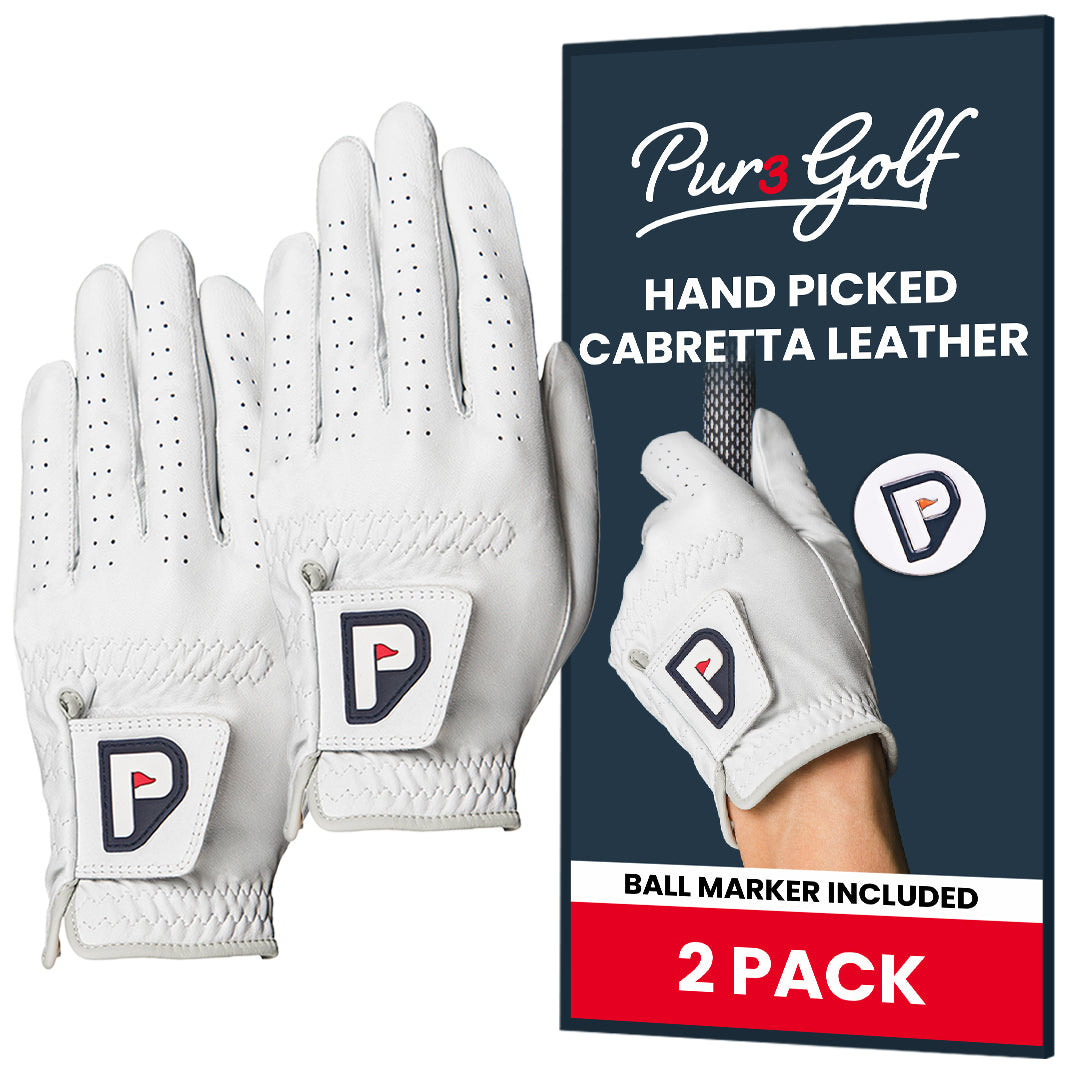 PUR3 Classic - Premium Cabretta Leather Golf Gloves - 2 Pack Pearl White